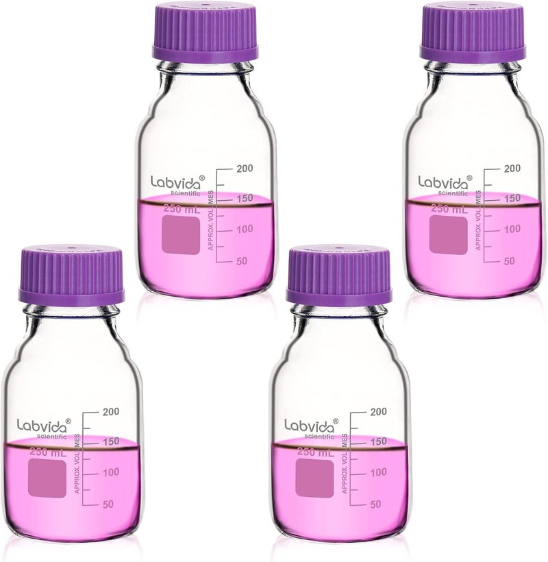Labvida 4 pcs of 250ml Round Media Storage Bottles, with GL45 Screw Cap in Purple, 3.3 Borosilicate Reagent Bottles for Labs, Schools and Home Use Glass Bottles, LVAD003 - Image 1
